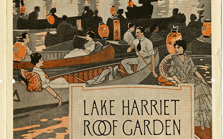 This theater program features the words "Lake Harriet Rose Garden" with stylized art from the early 1900s. 